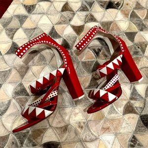 Alaia Red and White Lasercut Strappy Sandals